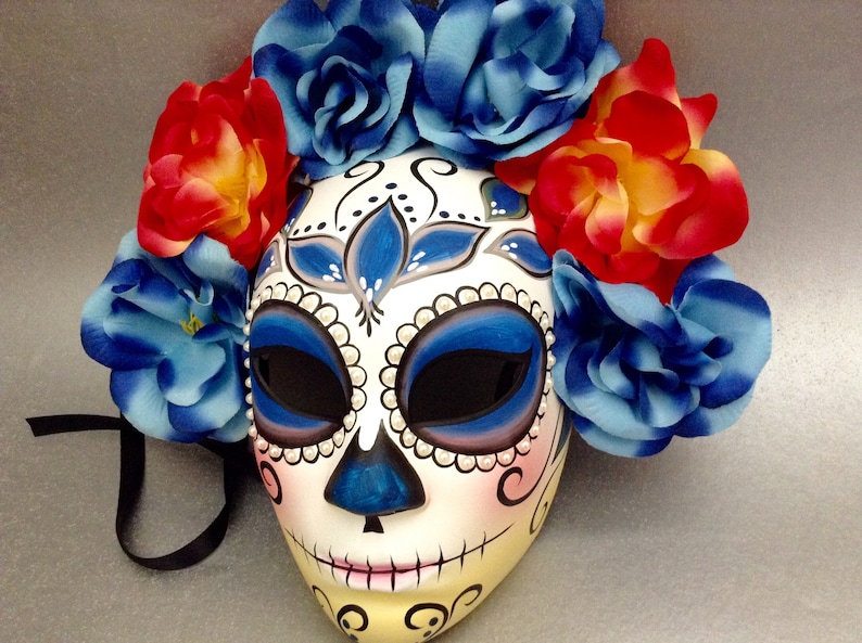 Blue Masquerade full face mask flower feather mini hat day of the dead deco and wearable mask