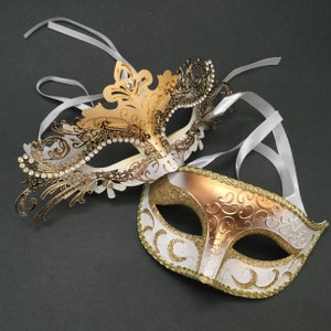 Couples Mardi Gras Masquerade ball Party White Gold Mask Pair image 2