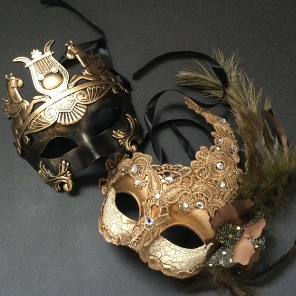 Couple noir or Beige boule de mascarade fête dentelle plume Costume romain masque