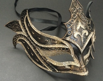 Black Gold Mens Masquerade Warrior mask Feather stick Carnival Parade Costume Super Man Cosplay Party