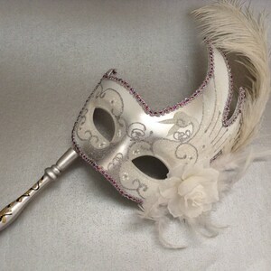 Costume Party Silver White Feather Handle Masquerade ball mask on stick