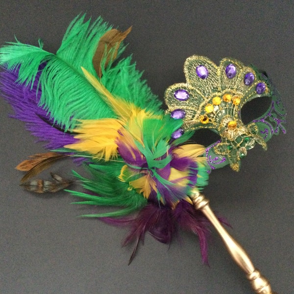 Mardi Gras Masquerade Feather mask with stick Carnival Parade Costume Cosplay Party