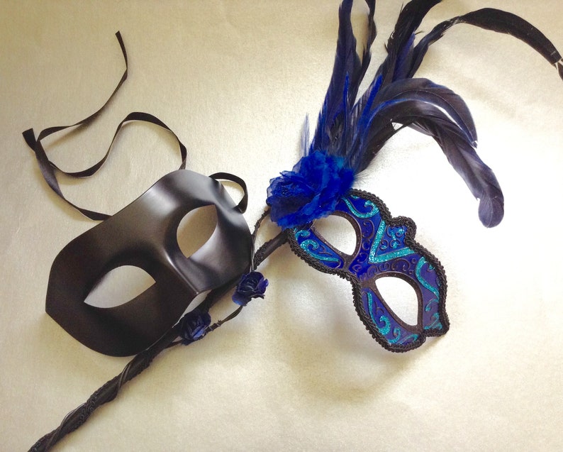 Black Dark Blue Masquerade ball Party Feather roses Stick mask
