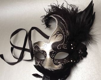 Silver Black masquerade mask with feather flower Christmas New Year Party