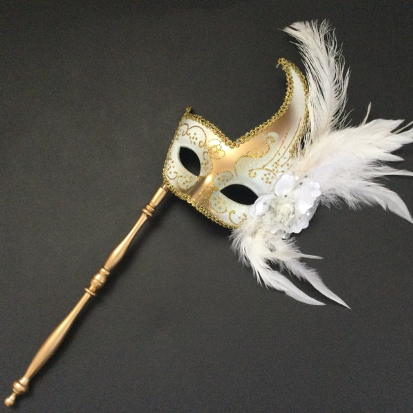 Gold White Feather Handle Masquerade stick mask Costume Party