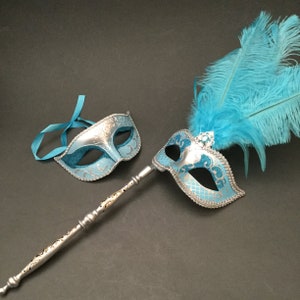 Silver Blue Turquoise Masquerade ball feather mask with handle stick mask