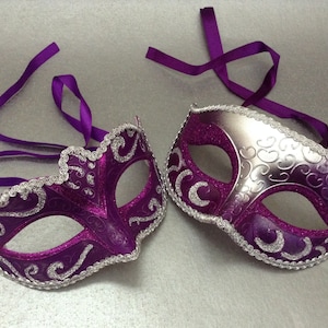 Couples Masquerade ball Purple Silver Eye Mask Pair