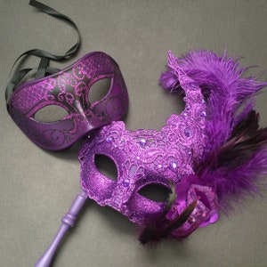 Purple Lace masquerade stick Hand Held mask Halloween Costumes Cosplay Party Mardi Gras Carnival