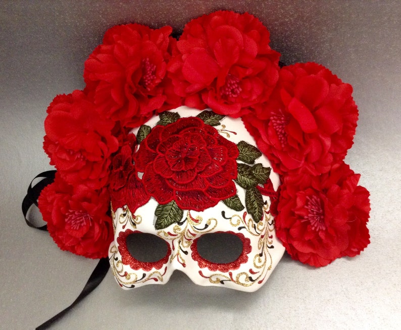 Dia De Los Muertos Red Embroidery Roses Mask flower day of the dead deco and wearable mask