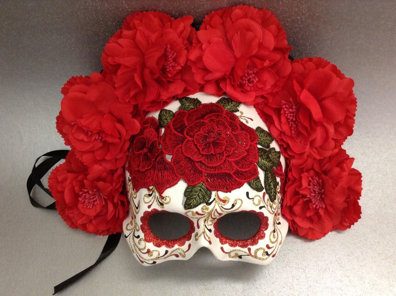 Dia De Los Muertos Red Embroidery Roses Mask flower day of the dead deco and wearable mask