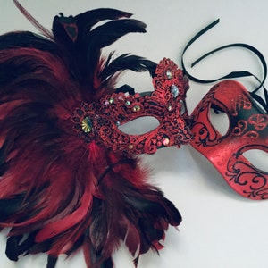 Black Red Lace masquerade mask with Feather Christmas New Year Party