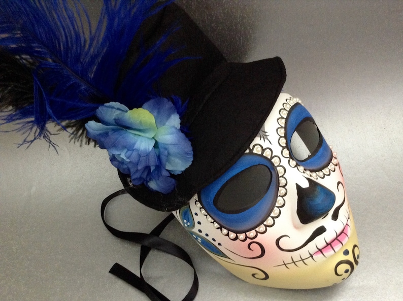 Blue Masquerade full face mask flower feather mini hat day of the dead deco and wearable mask