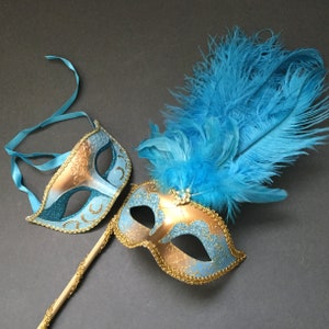 Gold Turquoise Blue Masquerade Ball Feather Mask With Handle - Etsy