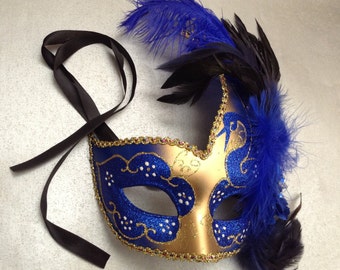 Gol accent Venetian style Birthday Valentines Coupes Blue Masquerade ball mask Pair