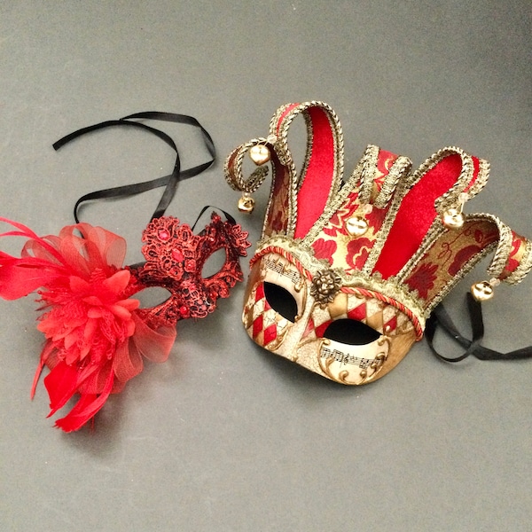 Venetian Jolly Jester Harlequin Gold Red lace flower netting mask Masquerade ball Carnival Costume mask