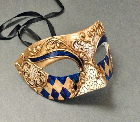 Harlequin Bauta Blue White Gold Venetian Mens Masquerade Mask