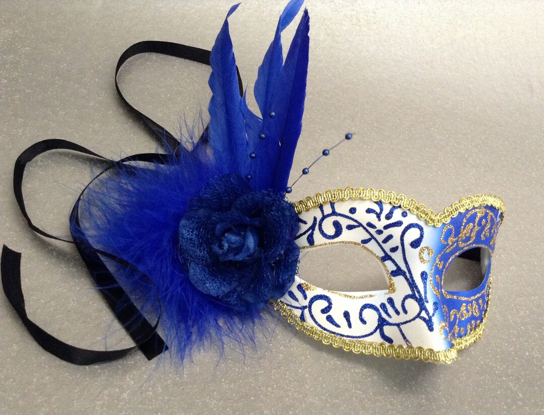 Gold Blue Masquerade Ball Party Feather Flower Eye Mask Pair - Etsy
