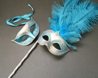 Silver Turquoise Blue Masquerade ball feather mask with handle stick mask