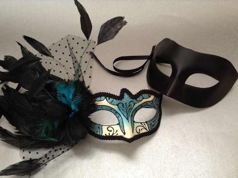 Netting Feather Veils Costume Carnival Party Turquoise Blue Aqua Teal Masquerade ball mask Pair
