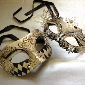 Couple Masquerade ball Party Black Silver Harlequin Eye Mask