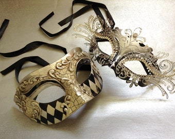 Couple Masquerade ball Party Black Silver Harlequin Eye Mask