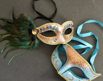 Teal Blue Turquoise Masquerade Peacock feather Mask Pair Christmas New Year Party