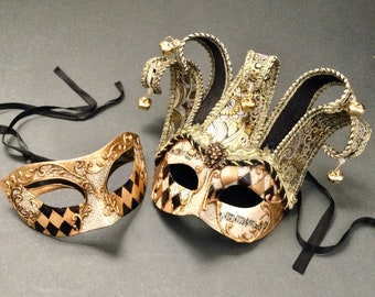 Black Gold Venetian style Jolly Jester Mask Masquerade mask Carnival Costume Harlequin eye mask