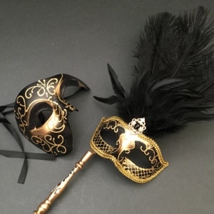 Black Gold Masquerade ball phantom mask with handle stick