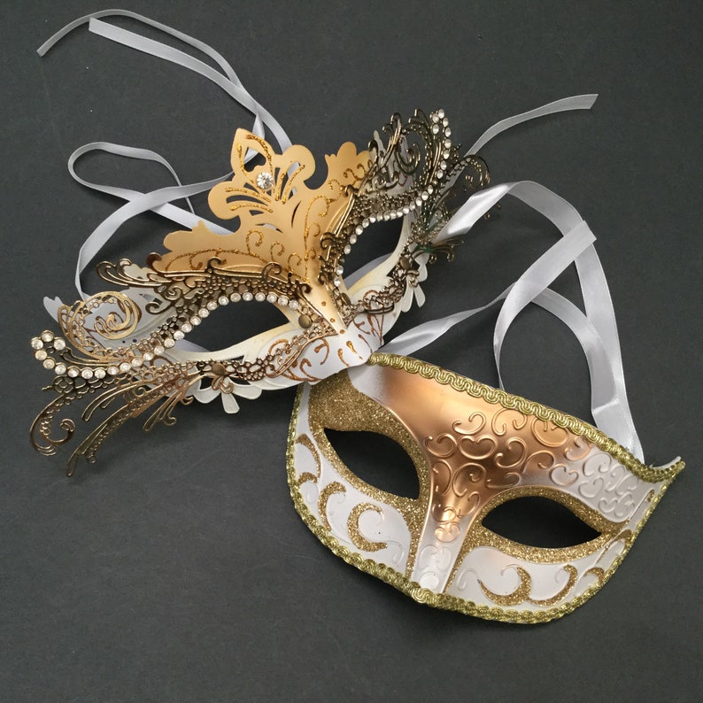 Couples Mardi Gras Masquerade ball Party White Gold Mask Pair image 1