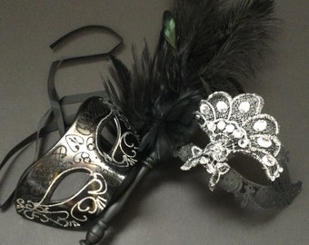 Black Silver Masquerade ball mask with stick Carnival Parade Costume Cosplay Party