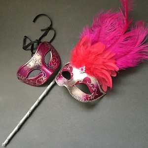 Silver Fuchsia Pink Masquerade ball feather mask with handle stick mask