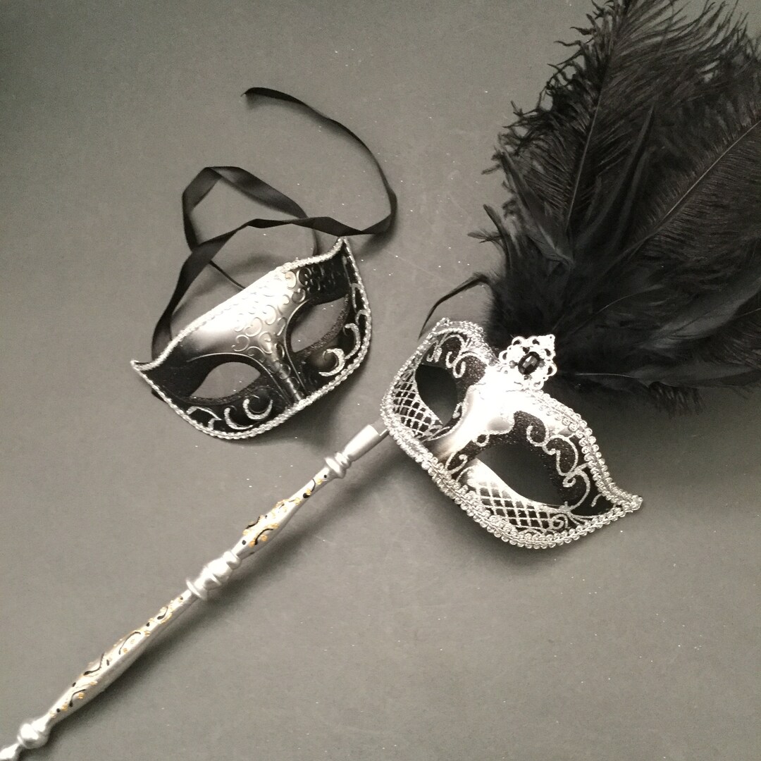 Black Silver Masquerade Ball Feather Mask With Handle Stick - Etsy
