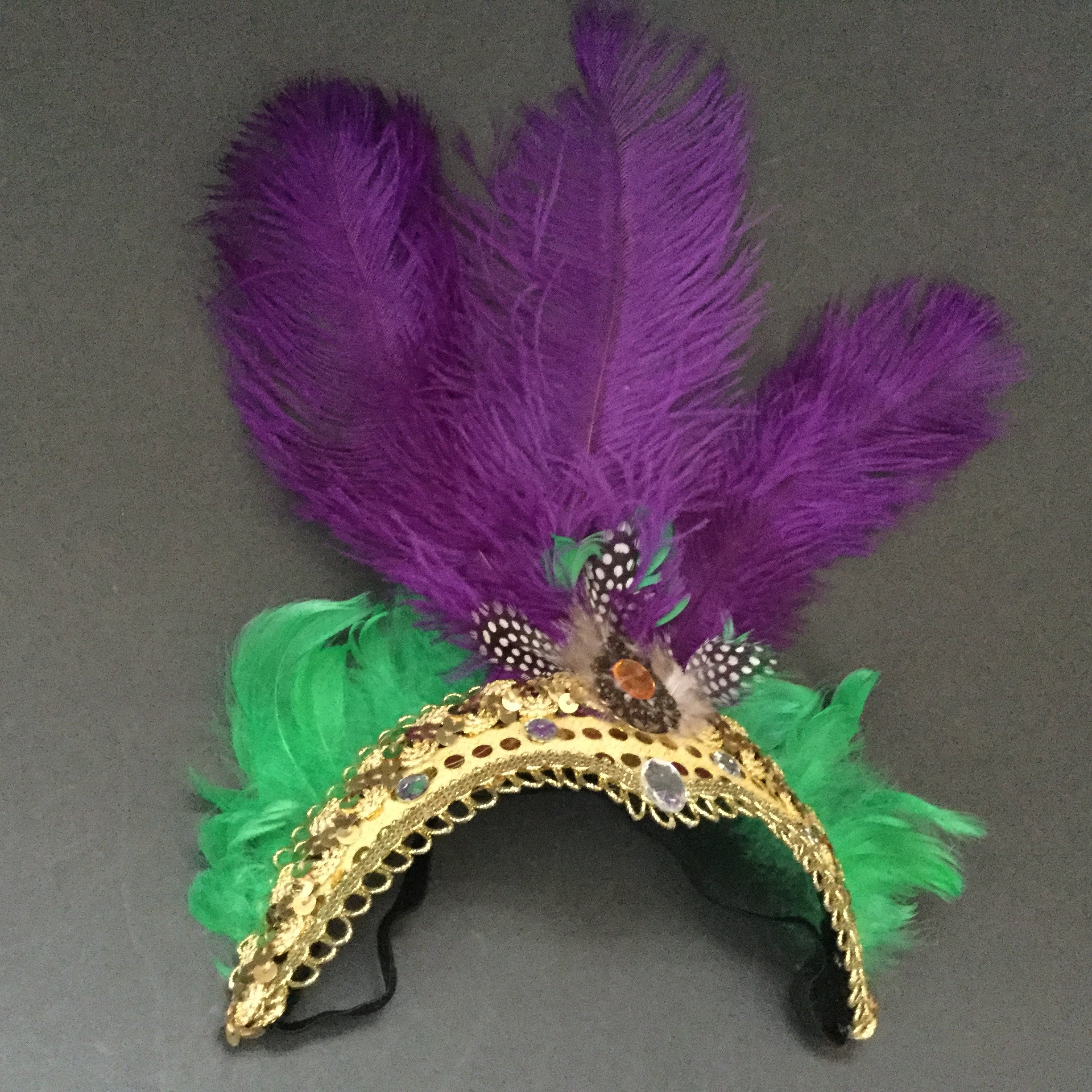 11in Tall x 7in Wide Purple/ Green/ Gold Mardi Gras Feather Hair