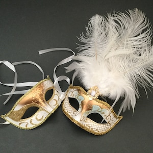 Gold White Masquerade ball feather mask Pair Birthday Costume Christmas New Year Party