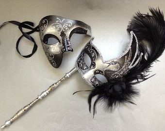 Black Silver Masquerade ball mask with handle stick