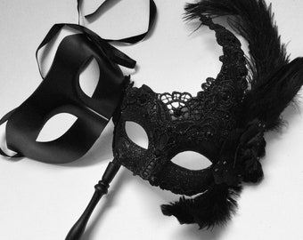 Black Lace masquerade stick Hand Held mask Halloween Costumes Cosplay Party Mardi Gras Carnival