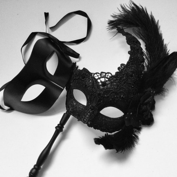Black Lace masquerade stick Hand Held mask Halloween Costumes Cosplay Party Mardi Gras Carnival