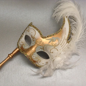 Costume Party Gold White Feather Handle Masquerade ball mask on stick