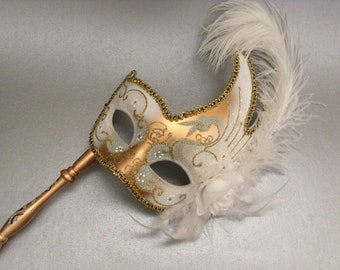 Costume Party Gold White Feather Handle Masquerade ball mask on stick