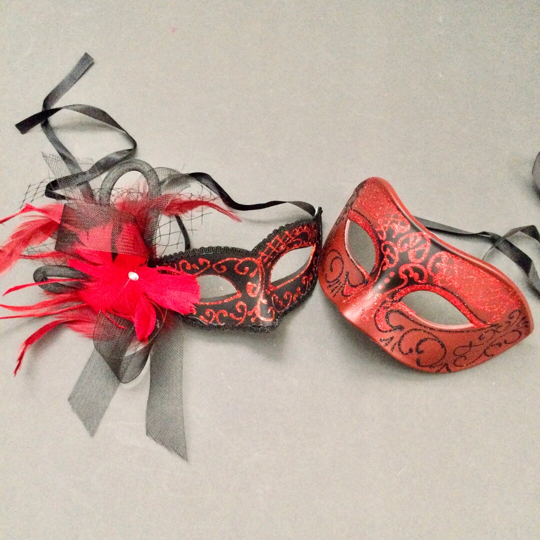 Couples Eye Mask Red Masquerade Ball Feather Netting Party Mask Pair Etsy