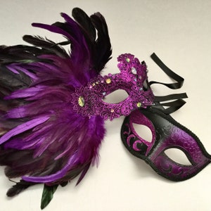 Dark Purple masquerade ball mask with side Feather