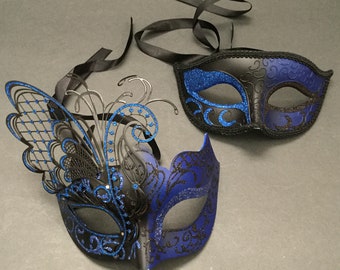 Couples Black Blue Masquerade ball Eye Butterfly Mask Pair