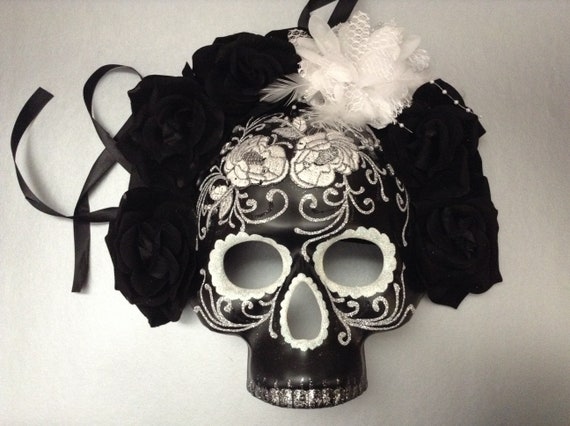 Black Red Masquerade Pair Full Face Mask Day of the Dead Costume Wear or Deco