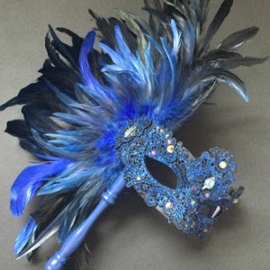 Lace Blue masquerade mask with Feather Cosplay Dress up Party Costume Prom
