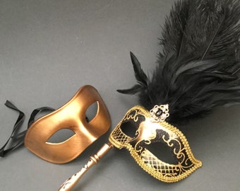 Black Gold Masquerade Ball Feather Mask With Handle Stick Mask | Etsy