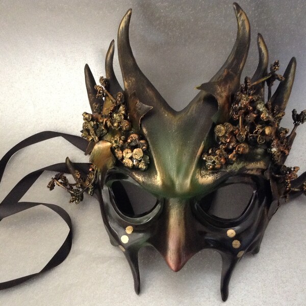 Dark Olive Green Forest Earth Masquerade Ball Mask with leaves