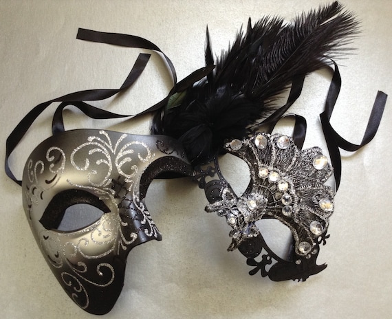 Couple Black Silver Masquerade mask pair Dress up birthday bachelor party