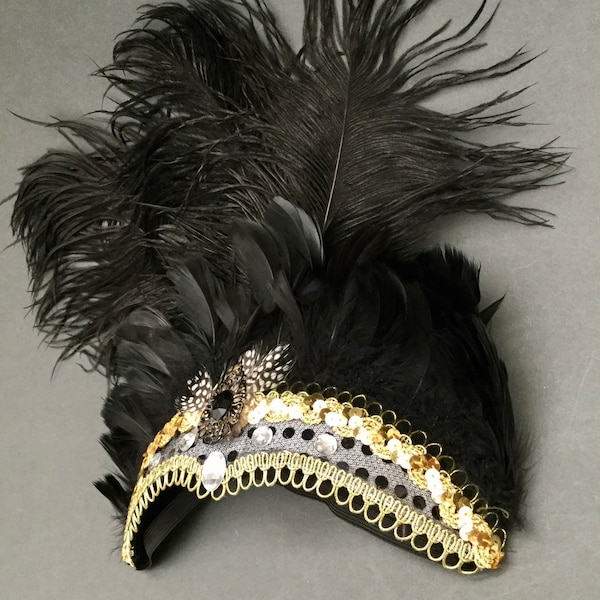 Mardi Gras Black Gold Masquerade Feather Headband Headpiece Carnival Cosplay Dress up