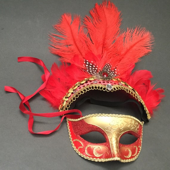 Tocado de plumas de máscara roja Diadema carnaval Cosplay - Etsy España