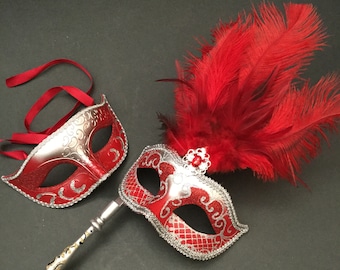 Silver Red Masquerade ball feather mask with handle stick mask